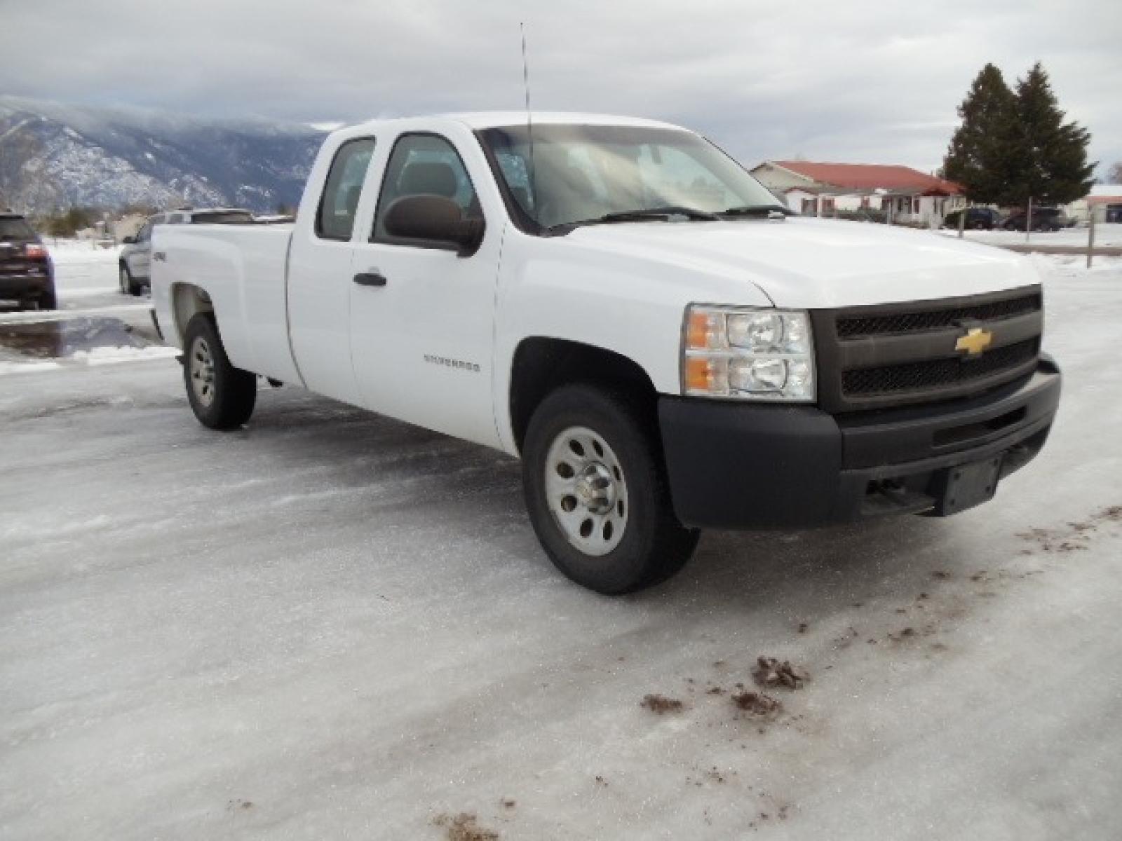 2012 White /Gray Chevrolet Silverado 1500 Work Truck Ext. Cab 4WD (1GCRKPE06CZ) with an 5.3L V8 OHV 16V FFV engine, 4-Speed Automatic transmission, located at 5465 Highway 2 W., Columbia Falls, MT, 59912, (406) 892-4407, 48.352188, -114.240929 - This truck was previously owned by the federal government so it has been well maintained and taken care of. The truck is clean inside and out with good tires and low actual miles. This is the Quad Door Long Box. - Photo #0